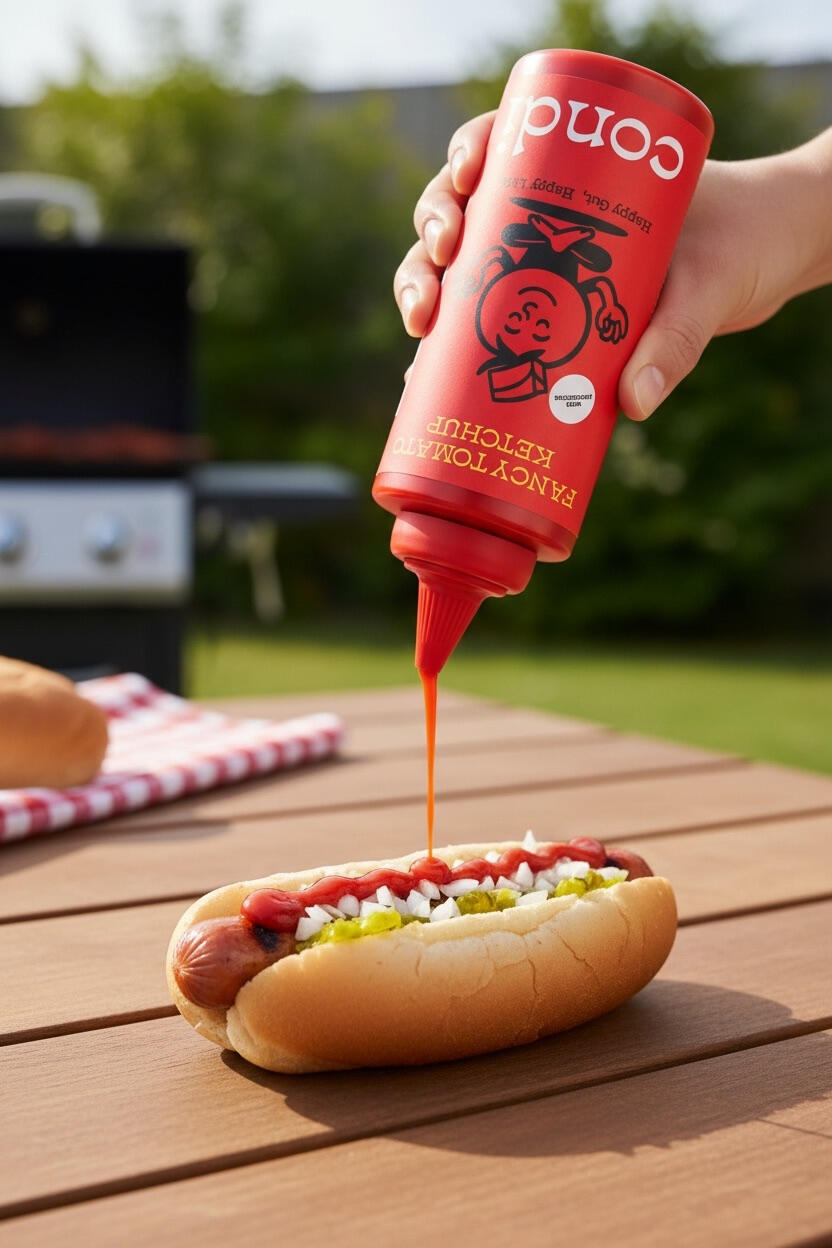 Yoga Condi Close-up of Condi organic ketchup being drizzled on a hot dog, representing gourmet flavor and microbiome health.
