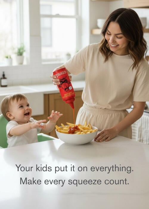 Close-up of Mom and baby in the kitchen drizzling Condi organic ketchup on a bowl of fries representing gourmet flavor and microbiome health.